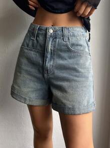 DAZY 高腰卷邊牛仔短褲 - 中等水洗藍 - 查看 3