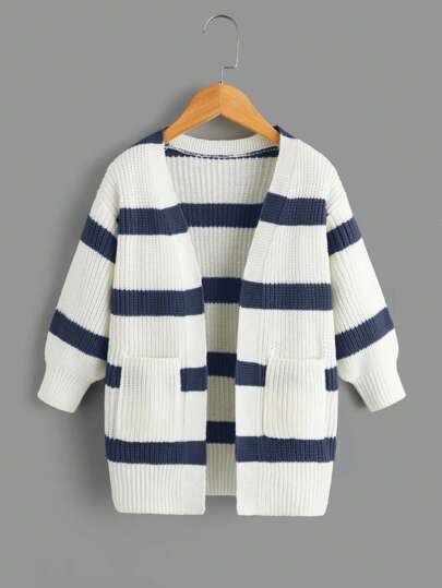 SHEIN Young Girl Striped Pattern Drop Shoulder Duster Cardigan In Fall/Winter
