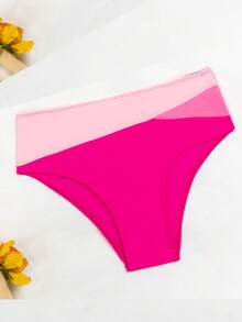 SHEIN Swim 夏季沙灘對比色拼接泳衣下褲 - 粉色 - 查看 3