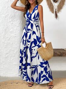 Breezaya Women's Vacation Plant Printed V-Neck Waist Pleated Sleeveless Long Casual Dress Maxi Vacation Beach Outfit - Multicolor - View 5
