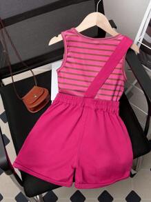 SHEIN Regata Listrada de Menina Jovem e Shorts Jardineira com Bainha Dobrada
