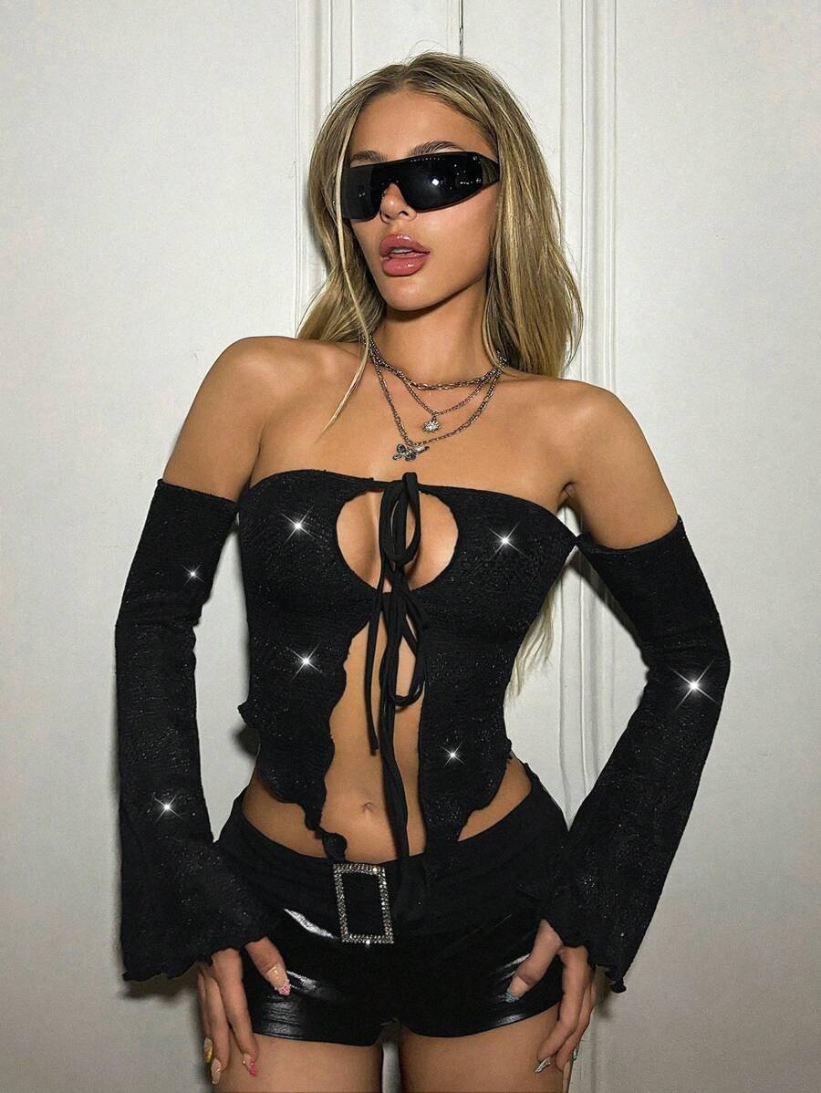 SHEIN ICON Áo dệt kim dáng ôm, lấp lánh có cà vạt phía trước có thể điều chỉnh và viền xẻ cho nữ - màu đen - Xem 1