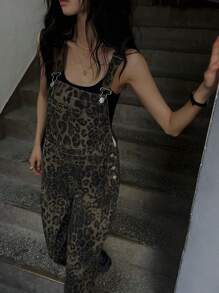 DAZY 豹纹牛仔背带裤（不含背心）Y2k - 棕色 - 查看 9