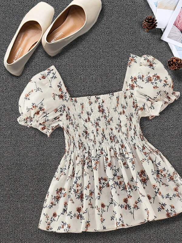 Franclia Square Neckline Short Sleeve Shirt With Small Ditsy Floral For Summer Peplum Top