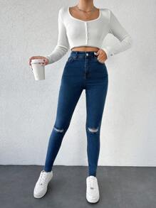 EURMUSE Calças Jeans Femininas Rasgadas No Joelho De Corte Justo - Baby Azul - Ver 5