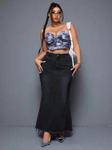 SHEIN ICON 加大高腰毛邊人魚裙式牛仔裙 - 黑色 - 查看 5