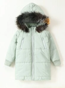 SHEIN Young Boy Fluffy Spliced Hooded Long Sleeve Winter Padded Coat/Jacket