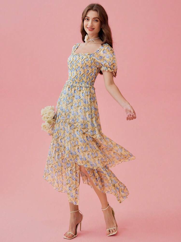 Women's Elegant Summer Asymmetric Hem Dress With Ditsy Floral Print