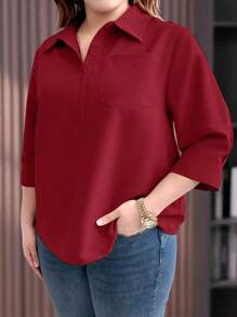 EMERY ROSE 大码纯色休闲衬衫，春夏 - 酒紅色 - 查看 1
