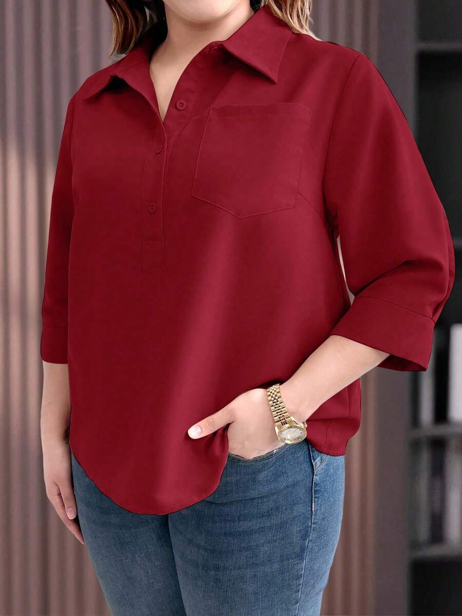 EMERY ROSE 大码纯色休闲衬衫，春夏 - 酒紅色 - 查看 1
