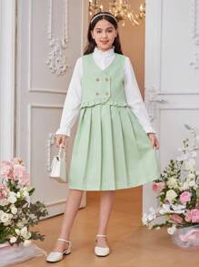 SHEIN Girls' (Big) Front Button Long Sleeve Shirt, Lace Sleeveless Jacket And Pleated Skirt Set