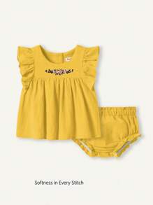 Cozy Pixies Baby Girl Floral Pattern Round Neck Ruffle Hem Pullover And Shorts Set, 2pcs - Ginger - View 1