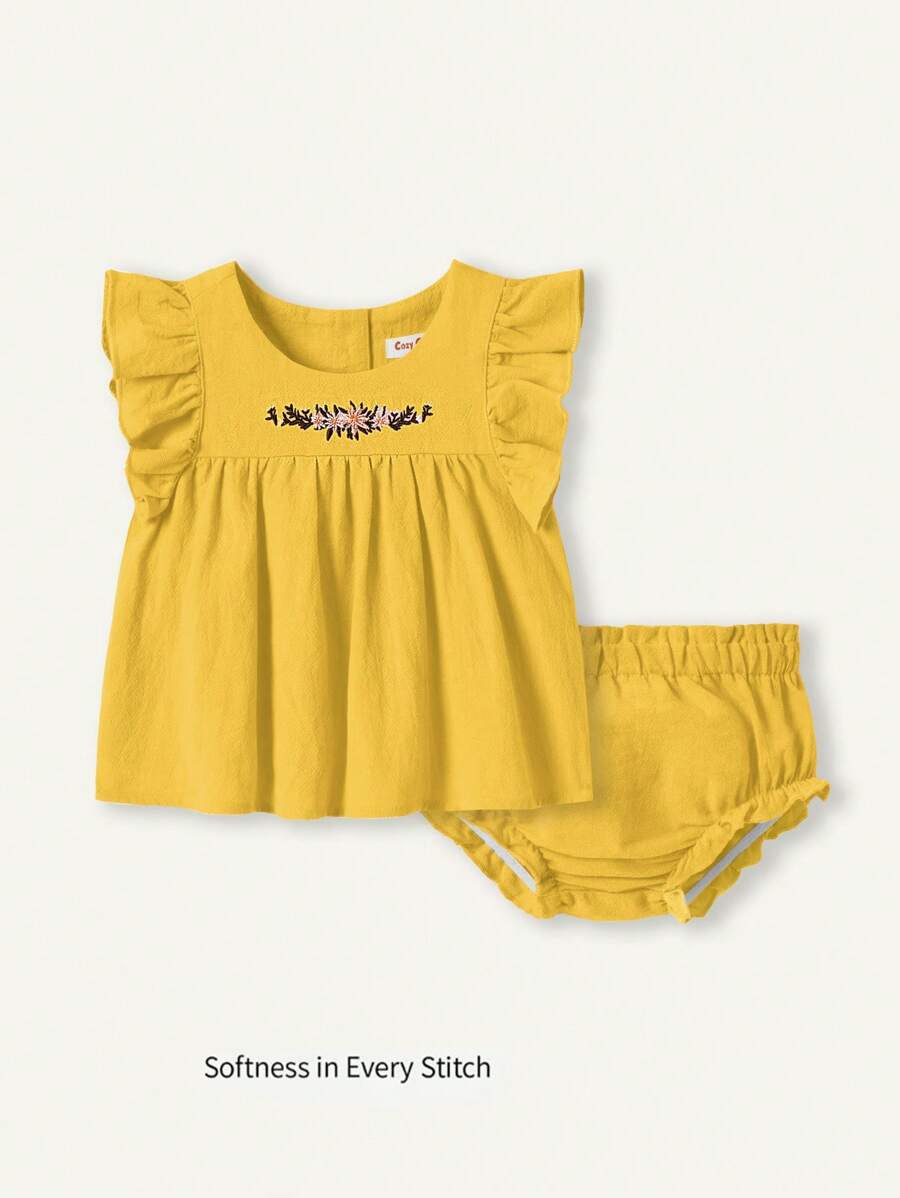 Cozy Pixies Baby Girl Floral Pattern Round Neck Ruffle Hem Pullover And Shorts Set, 2pcs - Ginger - View 1