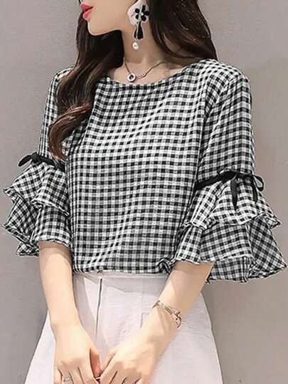 Blusa casual de mujer con estampado de cuadros y lazo en el cuello de manga corta