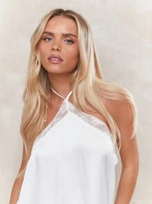 MISSGUIDED 緞面蕾絲邊領口無背心上衣 - 白色 - 查看 3