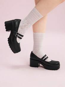 CUCCOO DOLLMOD Women Double Buckle Decor Platform Shoes, Elegant Black Mary Jane Shoes For Summer Vacation Shoes Summer Christmas Fall New Year Holiday