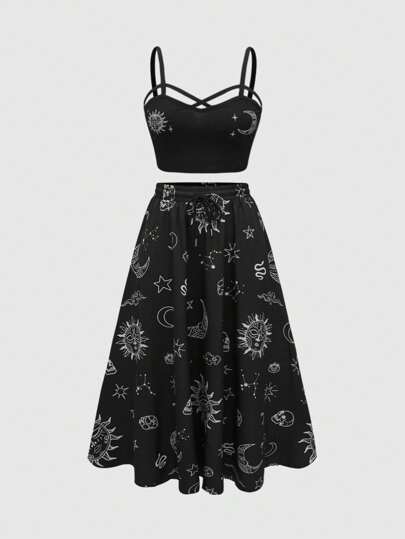 Goth Vacation Gothic Plant Printed Plus Size Women's Tank Top And Elastic Waist Midi Skirt 2pcs Set
