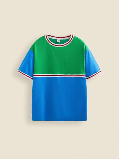 THE HAPPY LOOK Teenager Boys' Colorblock Knit Outdoor Sports Short Sleeve Casual T-Shirt, Back To School Sportswear, Spring Summer