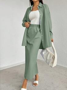 Mulvari Drop Shoulder Long Sleeve Shirt & Skirt 2 Pieces Set
