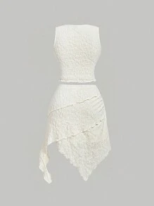 SHEIN MOD Conjunto de 2 piezas para mujer de talla grande: chaleco sin mangas de cuello redondo tejido de jacquard y falda asimétrica de color rosa