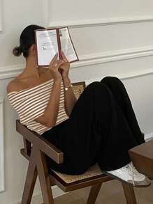 DAZY Summer Casual Off-Shoulder Striped Short Sleeve Cropped T-Shirt,Off Shoulder Top - Brown - View 2