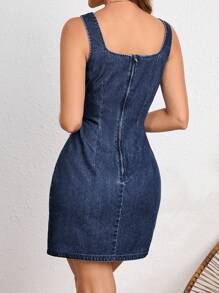 SHEIN Essnce Square Neck Zip Back Denim Dress - Dark Wash - View 2