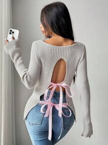 Chiquease Women's Solid Color Simple Daily Wear Back Tie Sweater, Knit Pullover Fall Winter - Light Grey - View 3