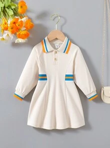 嬰兒女童休閒長袖Polo恤連衣裙，適用於春秋季節 - 杏色 - 查看 1