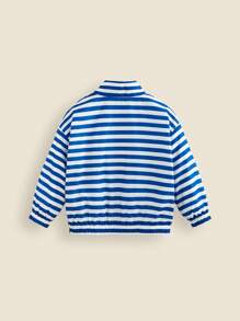SHEIN Young Boy Navy Style Striped Long Sleeve Collar Casual Outdoor Sports Vacation Jacket, Autumn/Winter Back To School Season