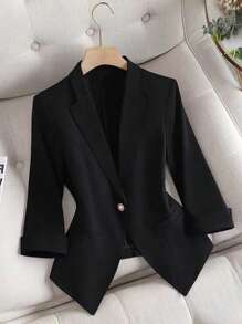 SHEIN LUNE Single Button Lapel Collar Solid Long Sleeve Blazer - Black - View 1