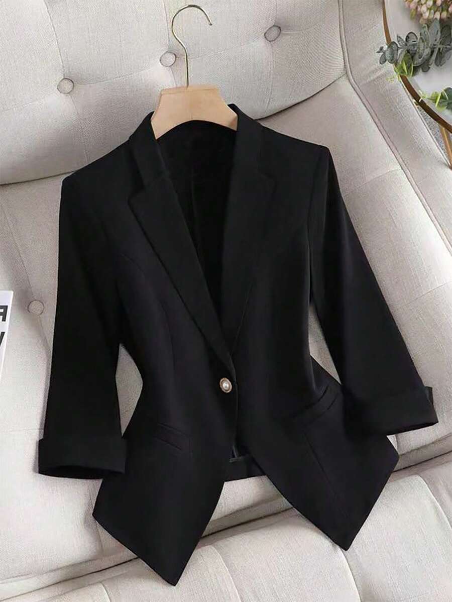 SHEIN LUNE Single Button Lapel Collar Solid Long Sleeve Blazer - Black - View 1