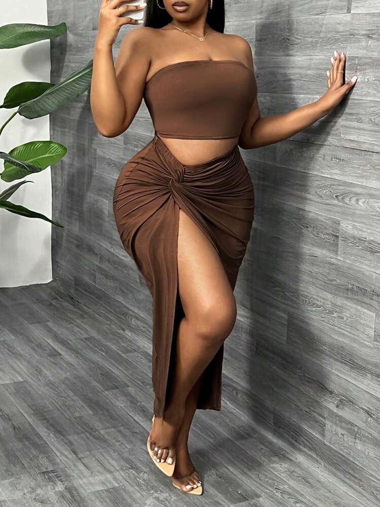 SHEIN SXY 露腿雙層設計套裝，前扭結裁剪，高分裂大腿 - 咖啡棕 - 查看 5