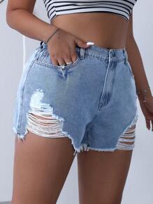 SHEIN EZwear Quần short denim sờn thông thường cỡ lớn mùa hè với chi tiết đau khổ - Rửa nhẹ - Xem 3