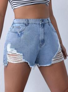 SHEIN EZwear Quần short denim sờn thông thường cỡ lớn mùa hè với chi tiết đau khổ - Rửa nhẹ - Xem 5