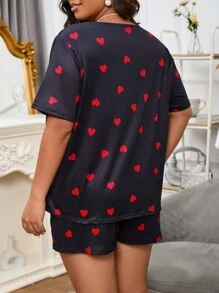 Plus Size Full Figure Heart Printed Notch Neck Pajama Set, Outfits