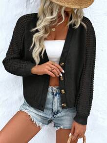 SHEIN LUNE Hollow Out Raglan Sleeve Cardigan For Dailywear - Black - View 1