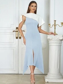 Elegant Simple Blue And White Patchwork Asymmetrical Waist Tuxedo Dress Women - Baby Blue - View 5