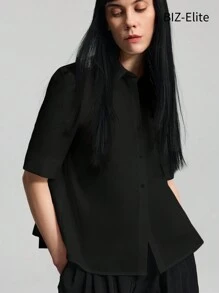Ontre 夏季女士休闲纯色后背褶皱衬衫 - 黑色 - 查看 7