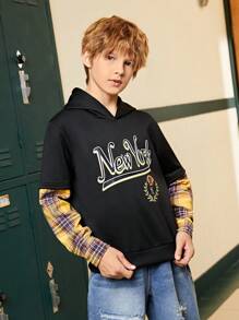 SHEIN Boys' Plaid Patchwork Look Up American Style Sweatshirt - Black - View 5
