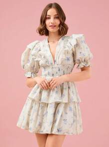 Enchnt 女士夏季雙層荷葉邊點綴花卉拼接彈性腰裙 - 藍色 - 查看 4