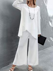 SHEIN Clasi Ladies' Plain And Simple Daily Wear Two-Piece Set With Long Sleeve Top And Pants - White - View 3