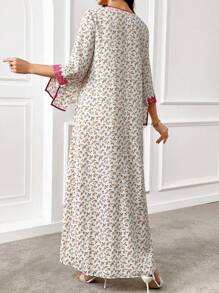 Al Najma Square Neck Ditsy Floral Print Contrast Lace Arabian Modest Long Sleeve Dress - Multicolor - View 7