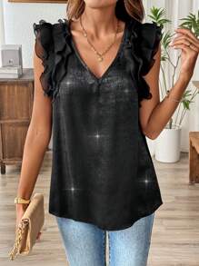 SHEIN LUNE Damen Doppellagiges A-Linien Shirt mit glänzendem Satinfinish, V-Ausschnitt, Flatter-Ärmel und Blumenspitze Details in Aprikosenfarbe, Sommer - Schwarz - Übersicht 1
