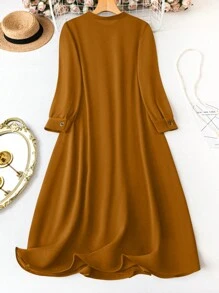 EMERY ROSE Plus Size Round Neck Buttoned Pleated Long Sleeve Solid Color Simple Loose Comfortable Elegant Gentle Dress Maxi Women Outfit Fall Cloth For Women - Yellow - View 2