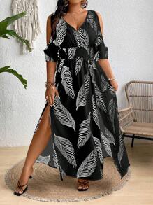 Vestido con estampado tropical con hombros descubiertos y abertura en el muslo para mujer, para el verano