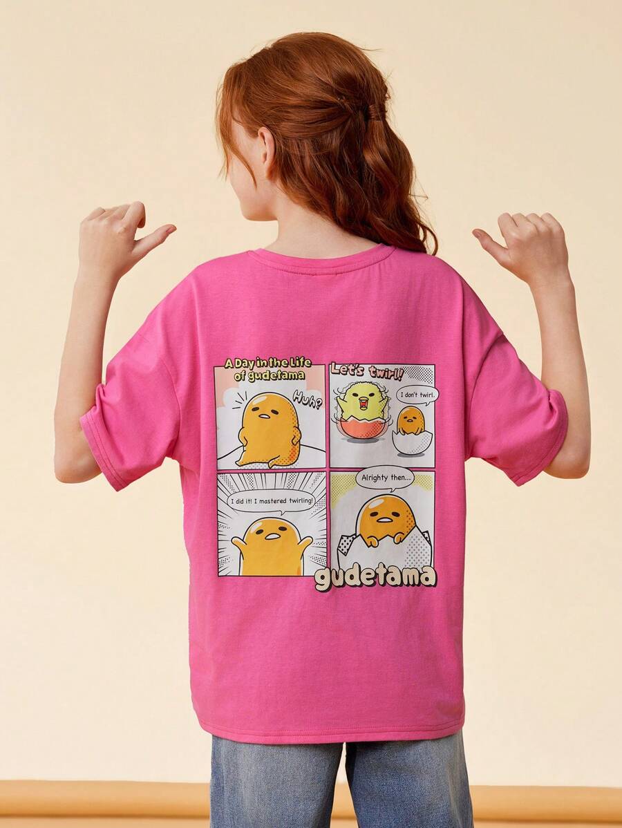Gudetama X SHEIN Tween Girls' Cartoon Printed Pink Casual Short Sleeve T-Shirt, Cute And Lively