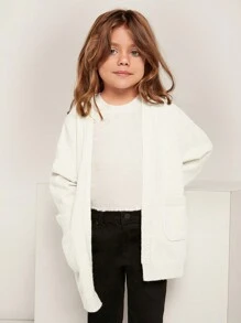 SHEIN Young Girl Solid Drop Shoulder Dual Pocket Duster Cardigan In Fall/Winter - White - View 6