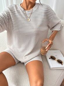 SHEIN Frenchy 女士纯色落肩罗纹针织 T 恤和短裤返校服装秋季女装复古风格教师服装 - 杏色 - 查看 3