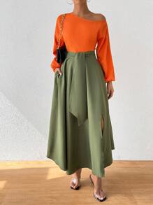 Chiquease 女士露肩拼色休闲节日连衣裙长款女装 - 綠色 - 查看 4