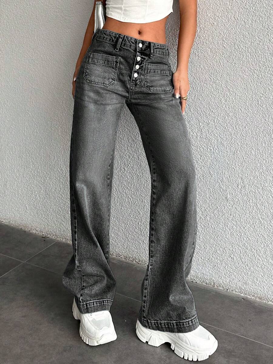 EURMUSE 98% Baumwolle Damen unifarbene, schlichte Jeans für den täglichen Gebrauch - Grau - Übersicht 1